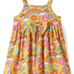 Babyhug Single Jersey Knit Sleevless Frock with Floral Rainbow Print & Bow Applique - Yellow-picture-4