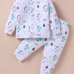 Doreme Terry Knit Full Sleeves Winter Wear Night Suit with Dino Print - White-image-20