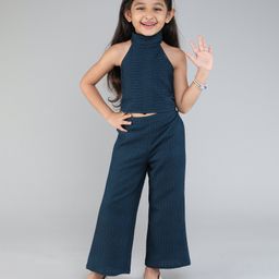 Taffykids Sleeveless Dobby Design Back Tie Up Ethnic Crop Top With Coordinating Pant Set - Dark Teal-image-3