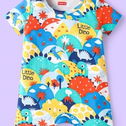 Babyhug 100% Cotton Knit Half Sleeves Dino Printed Romper - White Red & Green-image-80