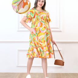 Bella Mama Woven Flutter Sleeves Maternity Dress Floral Print with Side Pockets -Yellow-image-27