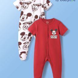 Babyoye Disney Interlock Knit Half Sleeves Sleep Suit with Mickey Mouse & Friends Graphics Pack of 2 - White & Dark Red-image-90