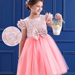 Mark & Mia Woven Half Flutter Sleeves Floral Glitter Printed Party Dress with Bow Applique & Pearl Embellishment - Pink-image-47