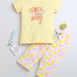 BUMZEE Cotton Woven Half Sleeves Text Printed Capri Night Suit - Yellow & White-image-4