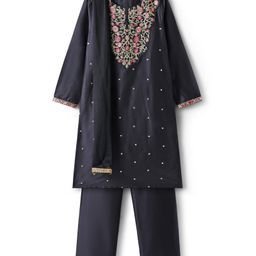 Pine Kids Woven Three Fourth Sleeves Floral Embroidered Kurti Chudidar Set with Dupatta & Lace Detailing - Black-image-72