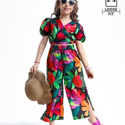 Ollington St.Poly Cotton Co-Ord Set of Half Sleeve Top & Culottes with Tropical Print - Black & Red-image-43
