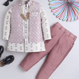 Ahhaaaa Silk Blend Full Sleeves Abstract Printed Kurta & Pant With Jacket & Necklace Set - Pink-image-4