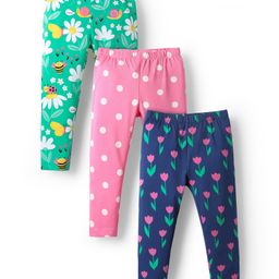 Babyhug Cotton Lycra Leggings With Polka Dots & Tropical Theme Print Pack Of 3 - Navy Blue Green & Pink-image-63
