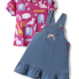 Babyhug Cotton Knit Frock & Half Sleeves Inner Tee With Animal Print & Rainbow Embroidery - Blue & Pink-image-62