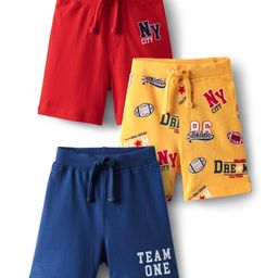 Babyhug Single Jersey Knit Text Printed Shorts Pack of 3 - Red Yellow & Blue-image-66