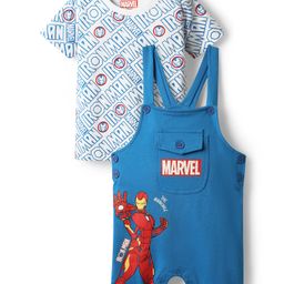 Babyhug Marvel Single Jersey Knit Dungaree with Half Sleeves Inner Tee Iron Man Graphics - Blue-image-40