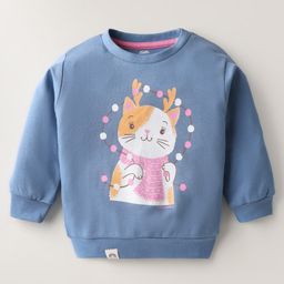 Pink Rabbit Interlock Knit Full Sleeves T-Shirt with Cat Print - Blue-image-59