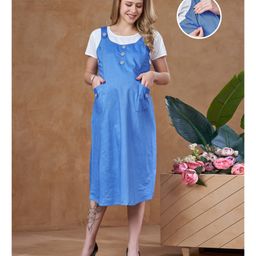 Lovely Mom's Oxford Woven Half Sleeves Cut & Sew Maternity Dress With Nursing Access - Blue-image-25