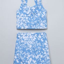 Taffykids Poplin Woven Sleeveless Leaves Printed Halter Neck Detailed Ruched Crop Top With Coordinating Skirt Set - Blue & White-picture-2