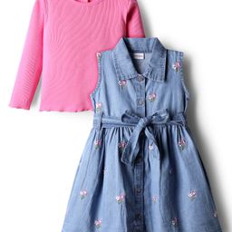 Babyhug Cotton Woven Floral Embroidered Frock With Full Sleeves Inner Tee & Belt - Pink & Blue-picture-6