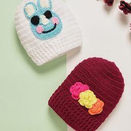 MayRa Knits Knitted Knit Pack Of 2 Floral & Animal Face Patch Detailed Crochet Caps - Cream & Red-picture-5