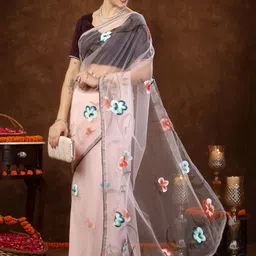 Stylum Floral Printed Embroidered Net Saree image 4
