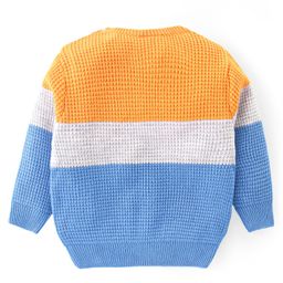 Babyhug Knitted Full Sleeves Pullover Sweater & Pant Set With Colour Block Design - Orange & Blue image 3