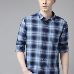 BEAT LONDON by PEPE JEANS Men Navy Blue Pure Cotton Slim Fit Tartan Checks Casual Shirt-image-40