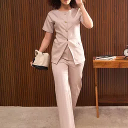 SASSAFRAS worklyf Round Neck Button Down Top With Trouser-image-71