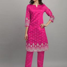 KAVINDI Floral Printed Notch Neck Chanderi Silk Straight Kurta With Trousers-picture-35