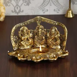 eCraftIndia Laxmi Ganesha Saraswati with Diya for 6 Wicks Handcrafted Metal Decorative Showpiece-24