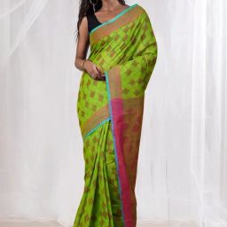 Unnati Silks Green & Brown Cotton Printed Saree With Unstitched Blouse-image-45