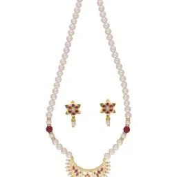 Sri Jagdamba Pearls Qayanat Pearl White & Pink Alloy Necklace & Earring Set-image-102