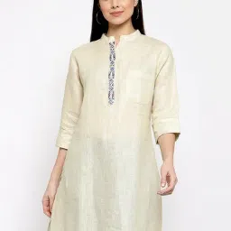 DART STUDIO Off-White Linen Embroidered Straight Kurti-23