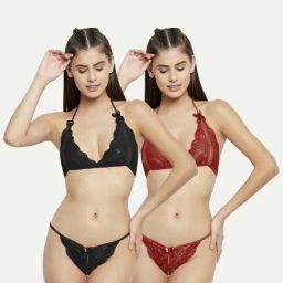AROUSY Black & Maroon Self Pattern Lingerie Set-image-94