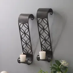 HOSLEY Black Iron Wall Hanging Tealight Candle Holder with Pillar Candles - Set of 2-18