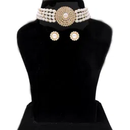 Sri Jagdamba Pearls Whisper Pearl White & Golden Necklace and Earring Set-image-14