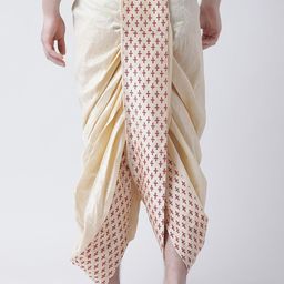 DEYANN Men Cream-Coloured & Red Printed Dupion Silk Dhoti image 5