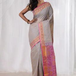 Unnati Silks Grey & Pink Cotton Printed Saree With Unstitched Blouse-image-92