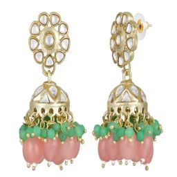 Aatmana Gold Statement Kundan Studded & Beaded Floral Jhumki Earring image 3