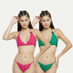 AROUSY Pink & Green Self Pattern Lingerie Set-image-59