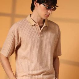 Campus Sutra Beige Regular Fit Striped Polo T-Shirt-image-82