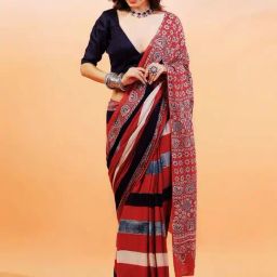 Aditri Madder Red Parwaaz Handprinted Ajrakh On Pure Cotton Saree-picture-19