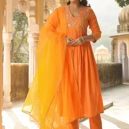 GoSriKi Women Embroidered Regular Kurta with Trousers & With Dupatta-11