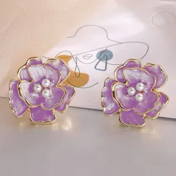 KRENOZ Gold-Plated Artificial Stones & Pearls Studded Floral Studs Earrings-19