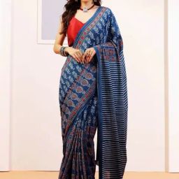 Aditri Royal Blue Parwaaz Handprinted Ajrakh On Pure Cotton Saree-image-73