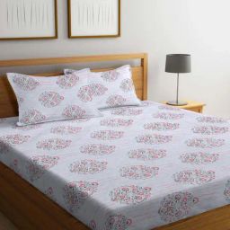 Klotthe Floral Blue & Red 300 TC Cotton King Bedsheet with 2 Pillow Covers-9