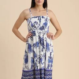 Moomaya White & Blue Floral Print Fit & Flare Dress-image-74