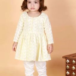 VASTRAMAY Girls Yellow & White Cotton Embroidery Clothing Sets-image-96
