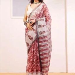 Aditri Burgundy Aftab Handloom Kota Doria Handblock Print Saree-image-2