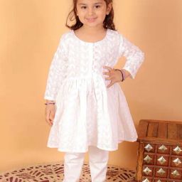VASTRAMAY Girls White Cotton Embroidery Clothing Sets-image-78