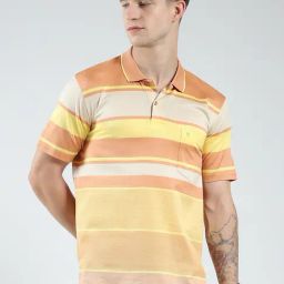 Monte Carlo Orange Cotton Regular Fit Stripes Polo T-Shirt-17