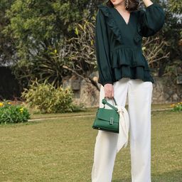 plusS Green Bell Sleeve A-Line Top-image-16