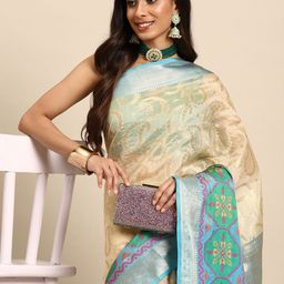 Silk Land Beige & Blue Paisley Zari Silk Blend Banarasi Saree-image-34