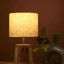 green girgit Brown & Mustard Printed Cylindrical Shaped Wooden Table Lamp With Bulb-23